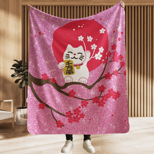 Good Fortune Cat Cherry Blossom Sherpa Fleece Blanket