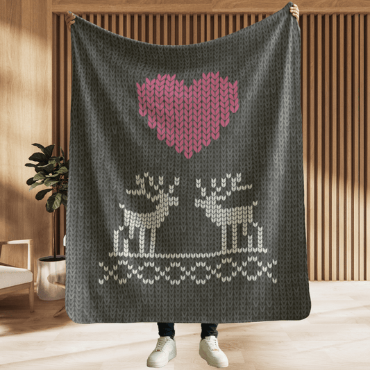 Knit Deer Sherpa Fleece Blanket - Gray