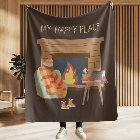 My Happy Place Fireplace books and hot drink Sherpa Fleece Blanket